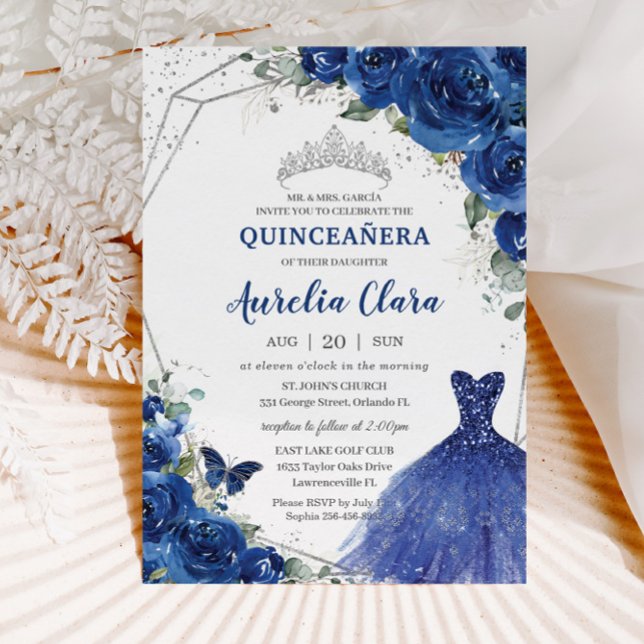 Convite Quinceañera Royal Blue Floral Princesa Aniversário (Criador carregado)