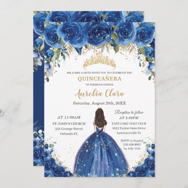 Convite Quinceañera Royal Blue Floral Princesa Aniversário (Frente/Verso)