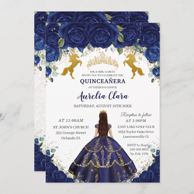 Convite Quinceañera Royal Blue Floral Princesa Dourada Cav (Frente/Verso)