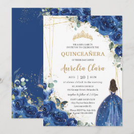 Convite Quinceañera Royal Blue Floral Princess 15 Aniversá