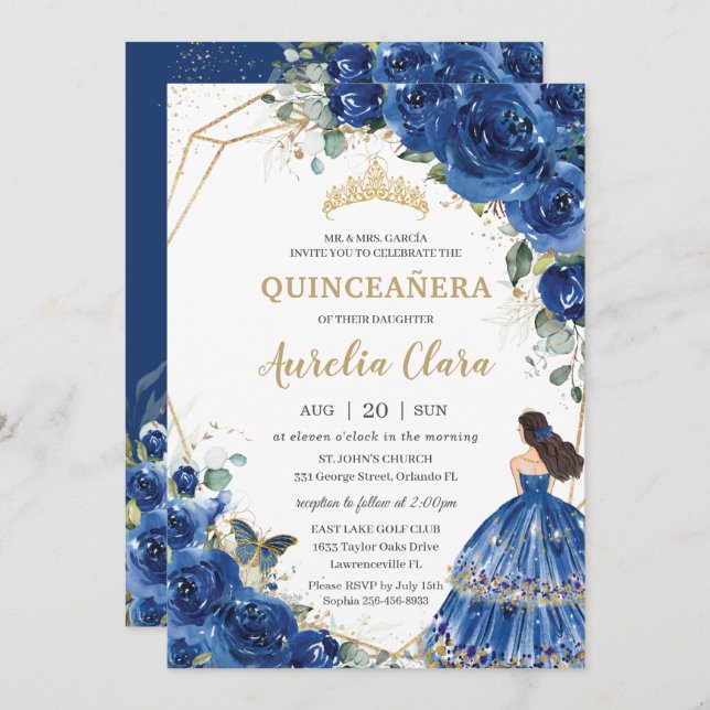 Convite Quinceañera Royal Blue Floral Princess 15 Años (Frente/Verso)