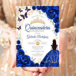 Convite Quinceanera Royal Blue Gold Floral