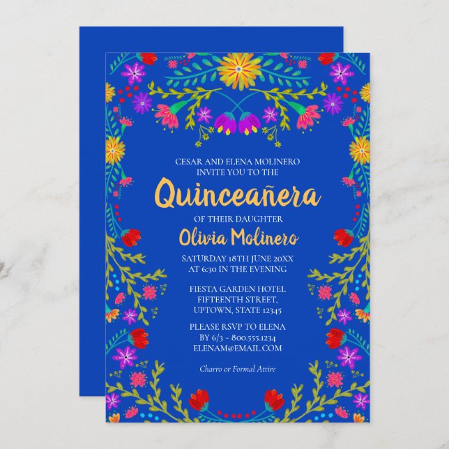 Convite Quinceanera Royal Blue Mexicano Flores Aniversário (Frente/Verso)