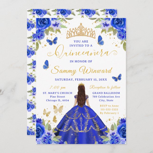Convite Quinceañera Royal Blue Princess Brunette Girl (Frente/Verso)