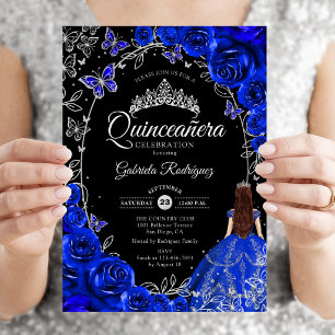 Convite Quinceanera Royal Blue Silver Floral