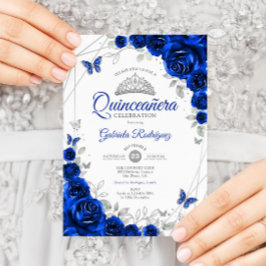 Convite Quinceanera Royal Blue Silver Floral