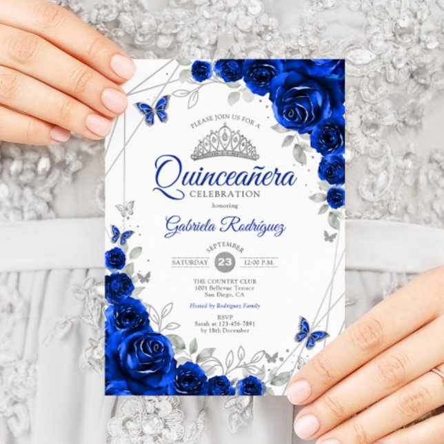 Convite Quinceanera Royal Blue Silver Floral (Criador carregado)
