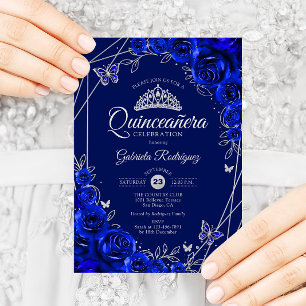 Convite Quinceanera Royal Blue Silver Floral
