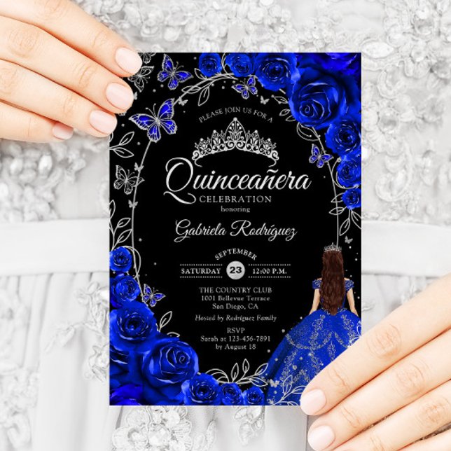 Convite Quinceanera Royal Blue Silver Floral (Criador carregado)