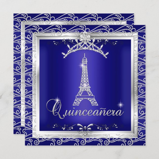 Convite Quinceanera Royal Blue Silver Tiara Eiffel Torre 2 (Frente/Verso)