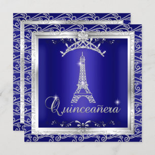 Convite Quinceanera Royal Blue Silver Tiara Eiffel Torre 2