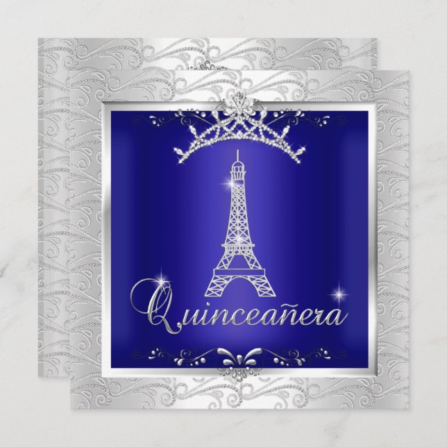 Convite Quinceanera Royal Blue Silver Torre Tiara Eiffel (Frente/Verso)