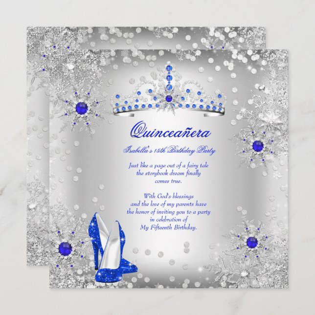 Convite Quinceanera Royal Blue Silver Winter Wonderland (Frente/Verso)