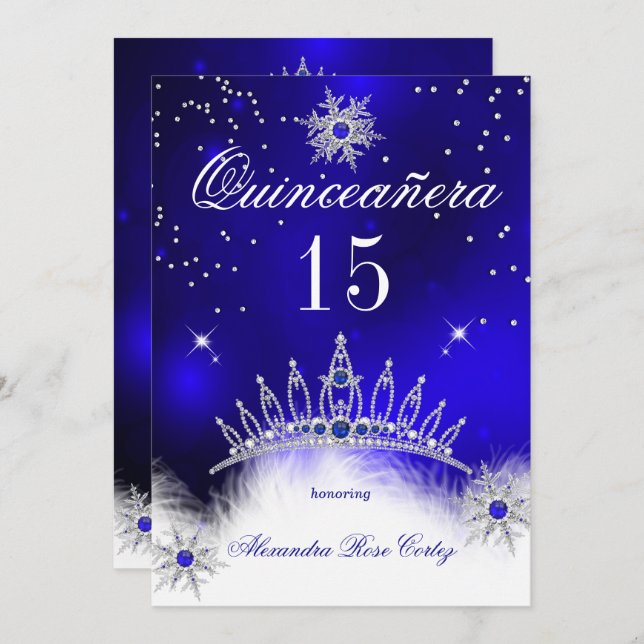 Convite Quinceanera Royal Blue Snowflake 15 Birthday (Frente/Verso)
