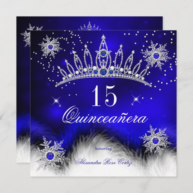 Convite Quinceanera Royal Blue Snowflake 15 Birthday (Frente/Verso)