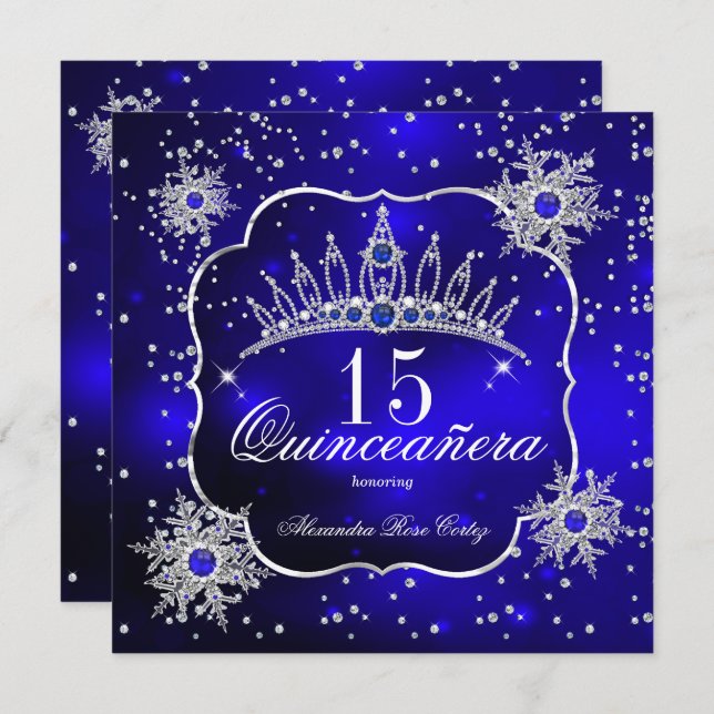 Convite Quinceanera Royal Blue Snowflake, Festa de 15 Tiar (Frente/Verso)