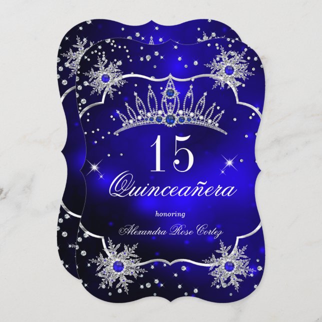 Convite Quinceanera Royal Blue Snowflake, Festa de 15 Tiar (Frente/Verso)
