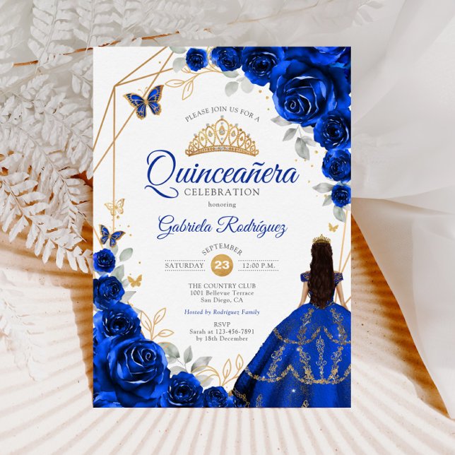 Convite Quinceanera Royal Blue Vestido Dourado (Criador carregado)