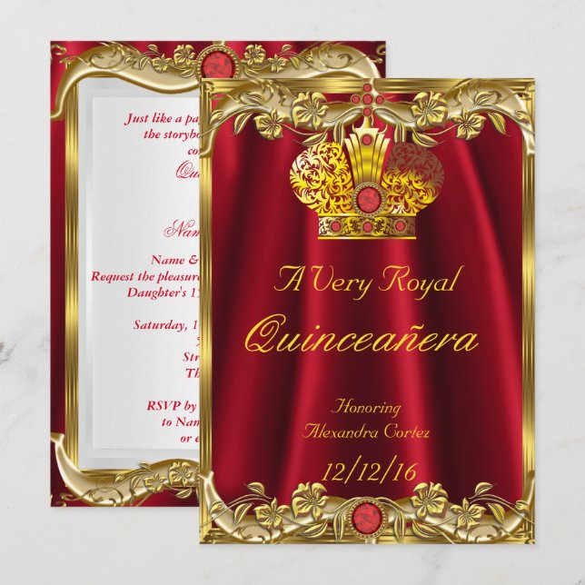 Convite Quinceanera Royal Red Gem Dourada Princesa Coroa 2 (Frente/Verso)