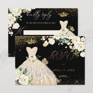 Convite Quinceanera RSVP Champagne Dourada Glitter Gown