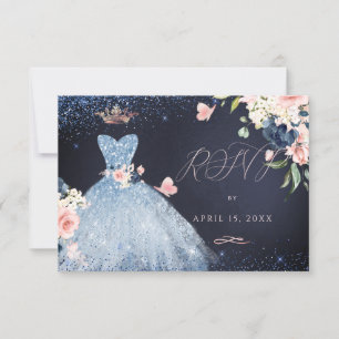 Convite Quinceanera RSVP Dusty Blue Glitter
