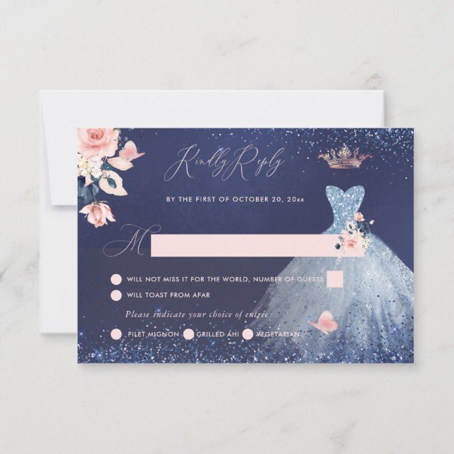 Convite Quinceanera RSVP Dusty Blue Glitter Princess (Verso)