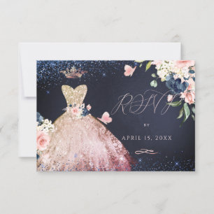 Convite Quinceanera RSVP Glitter Gown Ombre Rosa Dourada
