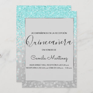 Convite Quinceanera RSVP Teal Blue Girly Glitter Sparkle