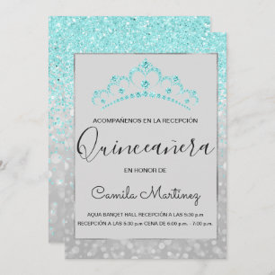 Convite Quinceanera RSVP Teal Blue Girly Glitter Sparkle