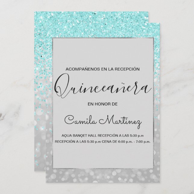 Convite Quinceanera RSVP Teal Blue Glitter Sparkle (Frente/Verso)