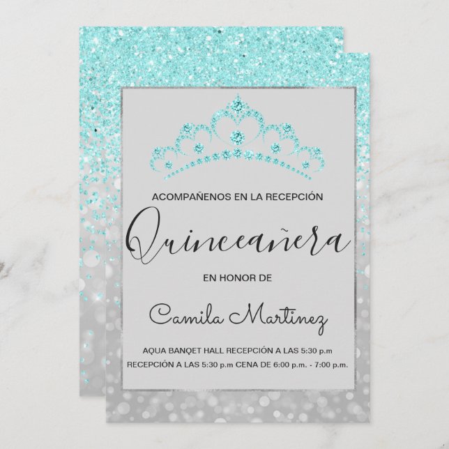 Convite Quinceanera RSVP Teal Blue Glitter Sparkle (Frente/Verso)