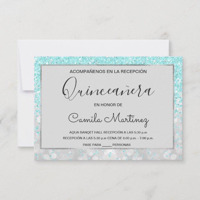Convite Quinceanera RSVP Teal Blue Glitter Sparkle (Frente)