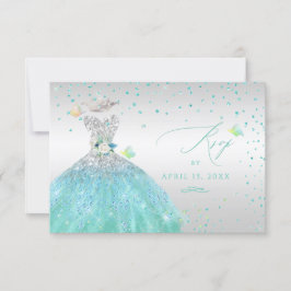 Convite Quinceanera RSVP Turquoise Silver Glitter Gown Inv