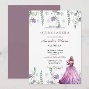 Convite Quinceañera Rubor Floral Borboleta Roxa