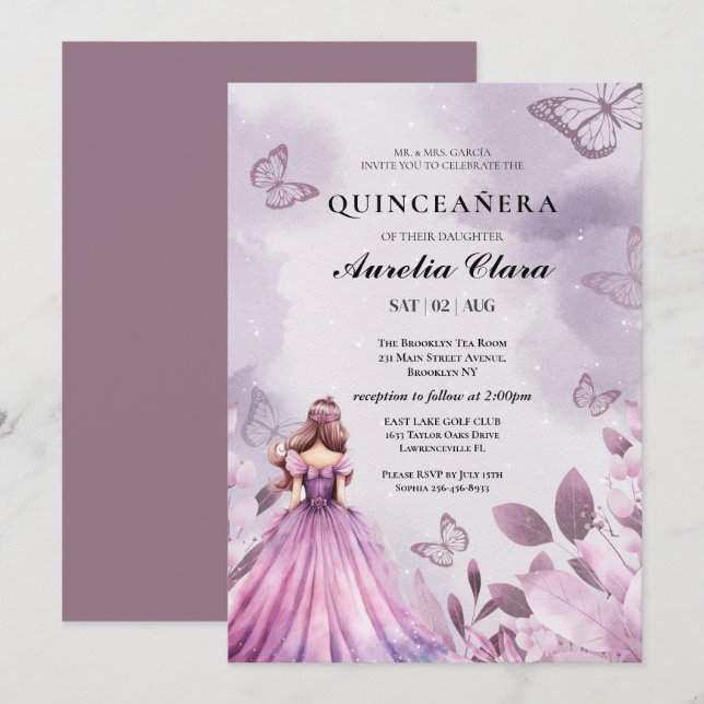 Convite Quinceañera Rubor  floral Borboleta roxo (Frente/Verso)