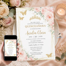 Quinceanera Rubor Floral Champanhe Borboletas