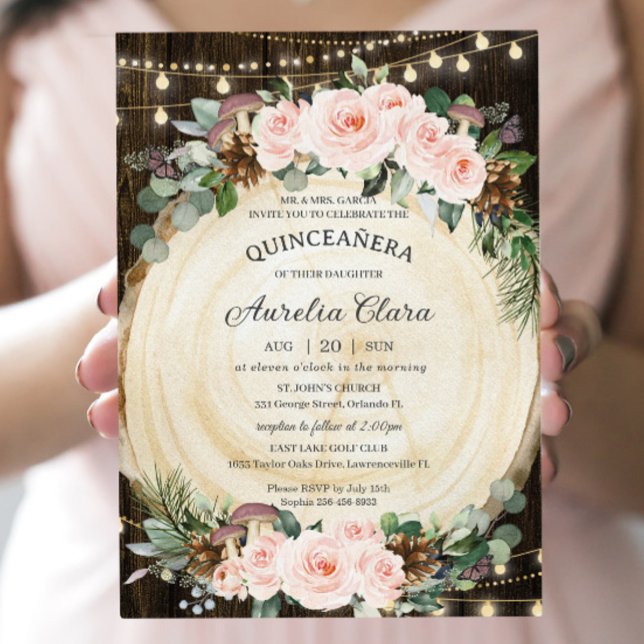 Convite Quinceañera Rustic Blush Floresta Encantada Floral (Criador carregado)
