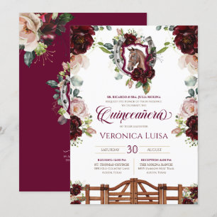 Convite Quinceanera Rústica de Crest Cavalos de Rosas verm