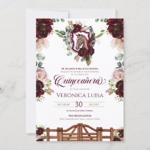 Convite Quinceanera Rústica de Crest Cavalos de Rosas verm