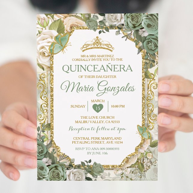 Convite Quinceañera Sage Borboleta Verde e Dourada (Criador carregado)