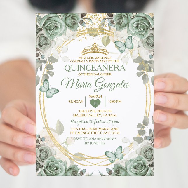 Convite Quinceañera Sage Borboleta Verde e Dourada (Criador carregado)
