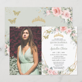 Convite Quinceañera Sage Borboletas Verdes Rosa