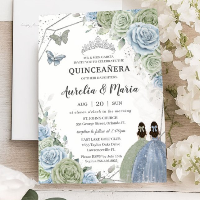 Convite Quinceañera Sage Gêmeos Verdes Azuis Florais Silve (Criador carregado)