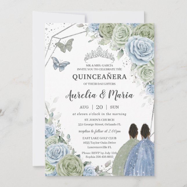 Convite Quinceañera Sage Green Blue Floral Twins Silver (Frente)
