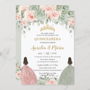 Convite Quinceañera Sage Green Blush Gêmeos Dourados