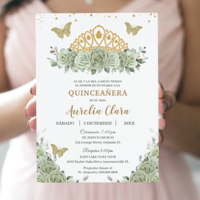 Convite Quinceañera Sage Green Floral Dourada Crown Españo (Criador carregado)
