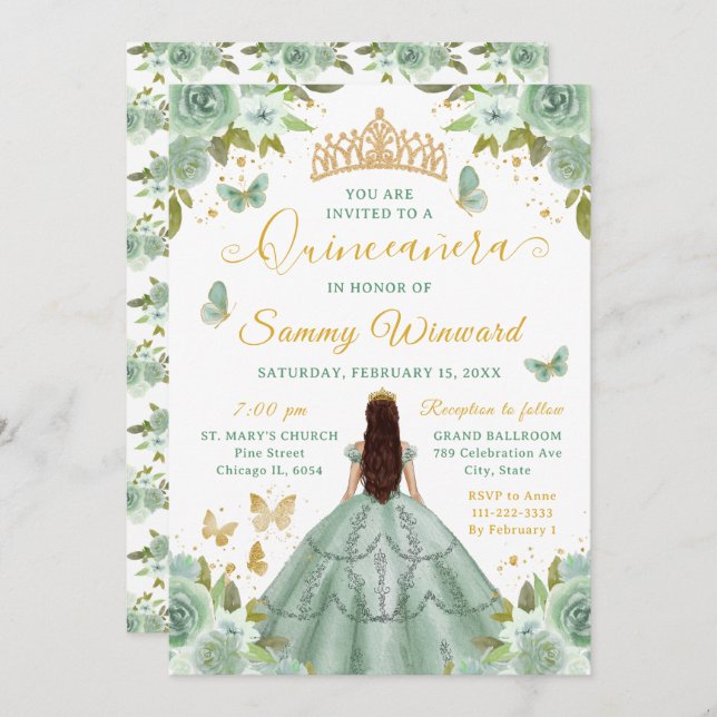 Convite Quinceañera Sage Green Princess Brunette Girl (Frente/Verso)