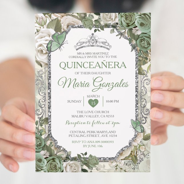 Convite Quinceañera Sage Green & Silver Crown Butterfly (Criador carregado)
