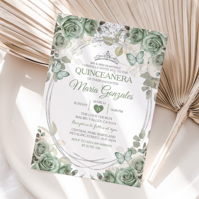 Convite Quinceañera Sage Green & Silver Crown Butterfly (Criador carregado)
