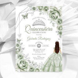 Convite Quinceanera Sage Green Silver Vestido Floral